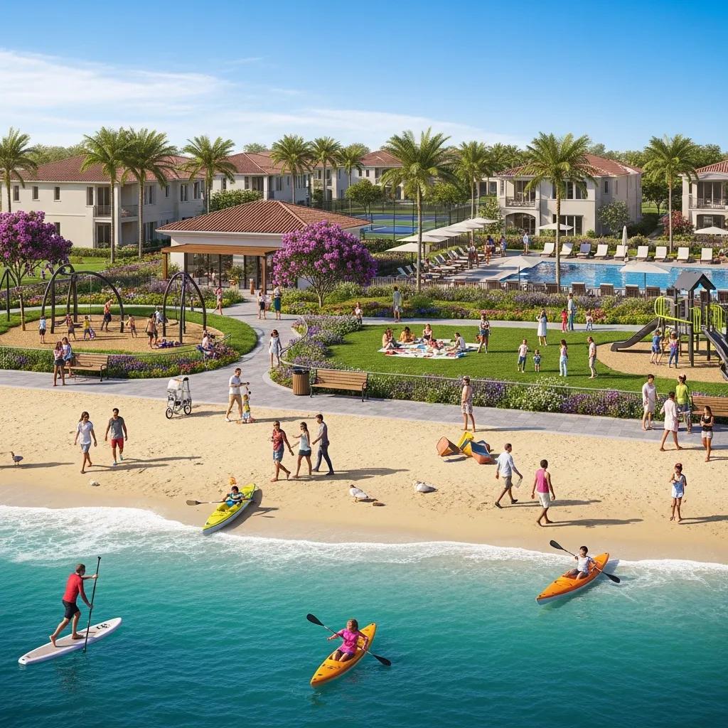 Residents enjoying vibrant community lifestyle at Sea Gardens with beach access, green spaces, and recreational activities like kayaking and paddleboarding.