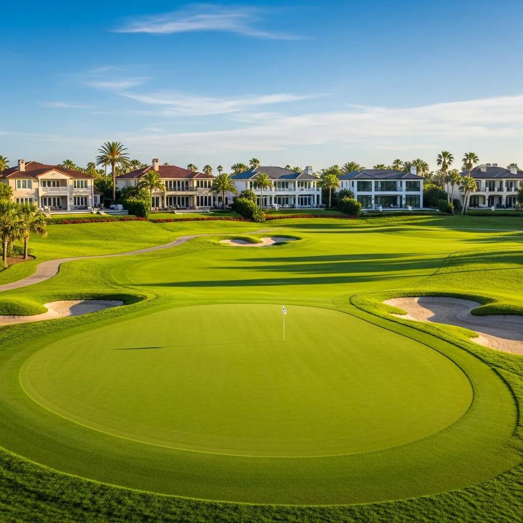 Scenic view of a golf course property in Atlantic Beach Country Club showcasing lush greens and luxury homes
