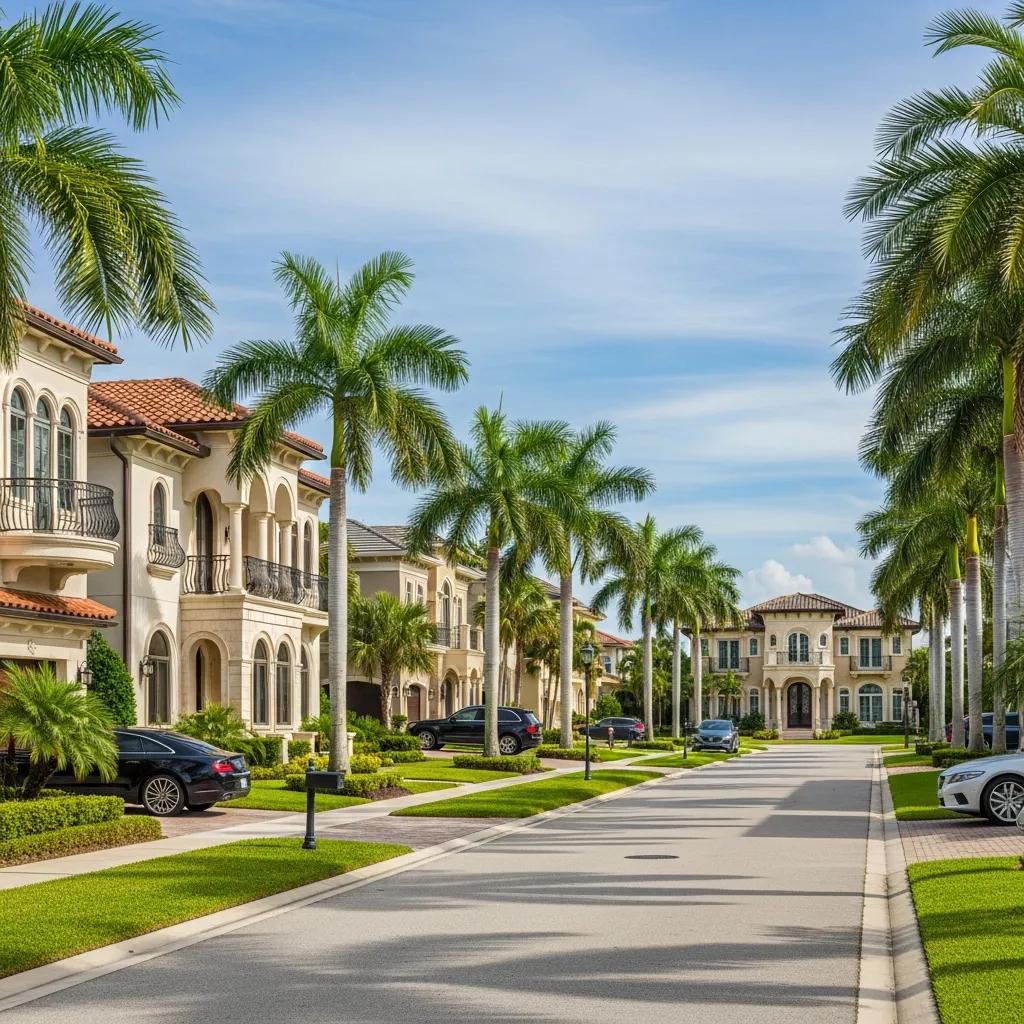 Upscale neighborhood street view in Atlantic Beach featuring luxury homes, palm trees, and well-maintained landscaping, highlighting desirable real estate for affluent buyers.