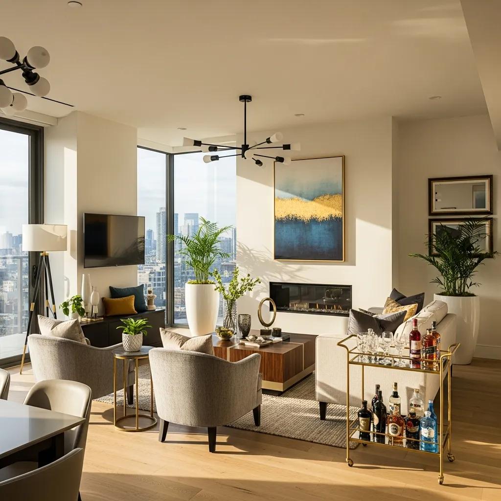 Stylish luxury rental apartment interior featuring modern furnishings, large windows with city views, a decorative bar cart, and elegant decor, reflecting trends in the upscale real estate market for 2026.