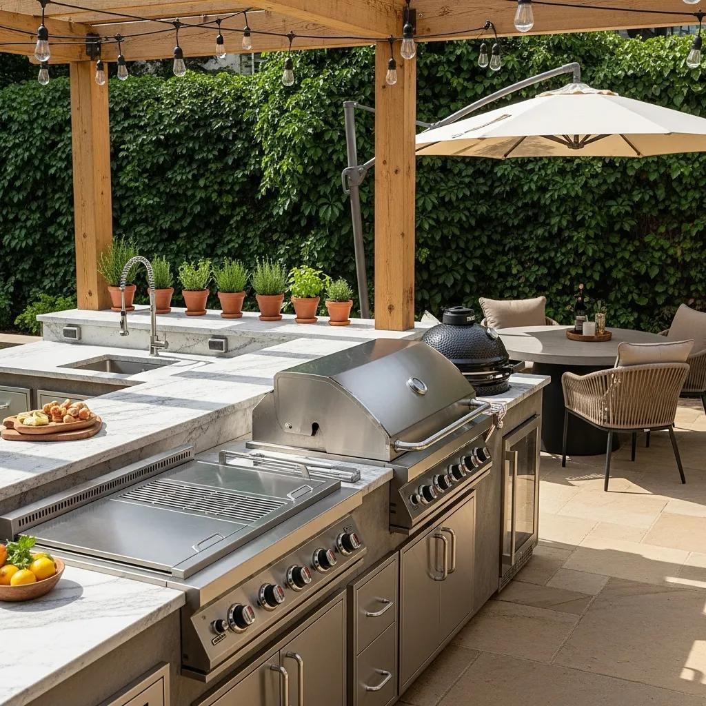 Stylish outdoor kitchen featuring high-end grills, marble countertops, potted herbs, and inviting seating area, designed for luxury entertaining and functionality.