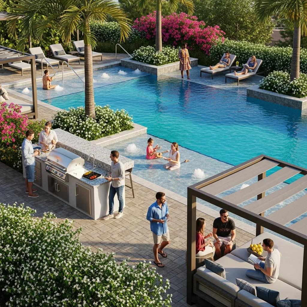 Upscale amenities at Oceanwalk Luxury Condos featuring a resort-style pool, outdoor barbecue area, and residents enjoying social activities in a landscaped setting.