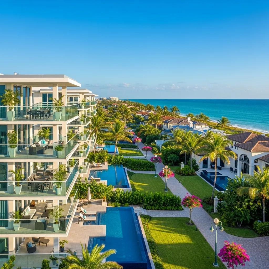 Upscale oceanfront condominiums and single-family homes in Ocean Village, Florida, featuring modern architecture, lush landscaping, and stunning ocean views, ideal for luxury retirement living.