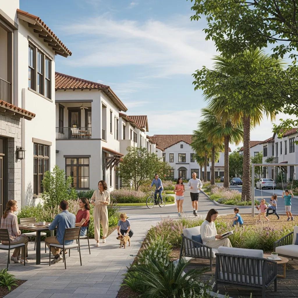 Vibrant neighborhood scene in a luxury rental area, featuring upscale homes, families engaging in community activities, and well-maintained landscaping, highlighting the appeal of affluent living in Northeast Florida.