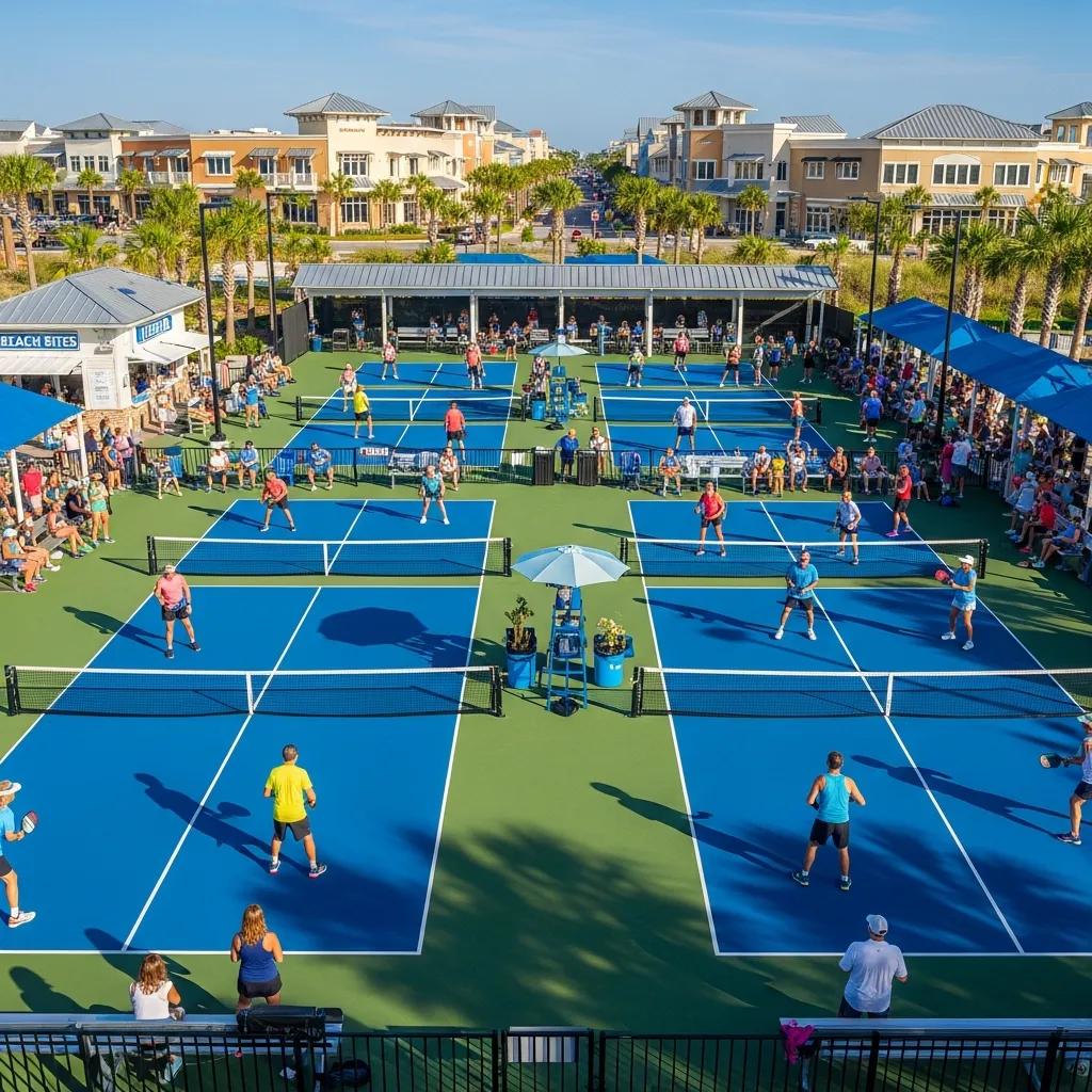 Vibrant pickleball facility in Beaches Town Center, Florida, featuring multiple courts with players actively engaged in matches, surrounded by spectators and luxury homes, highlighting the community's focus on active lifestyle amenities.