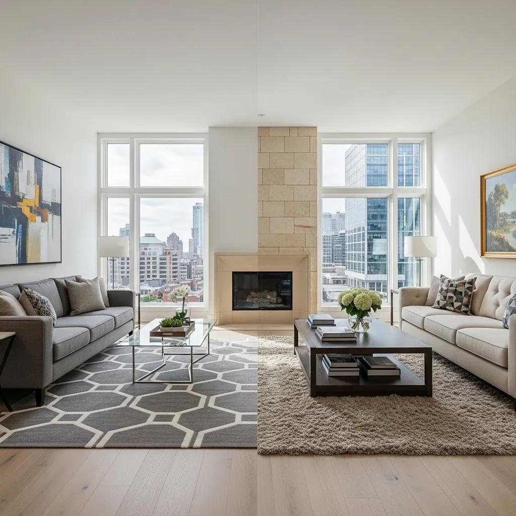 Modern luxury living room featuring elegant furniture, large windows with city views, a cozy fireplace, and stylish decor, ideal for showcasing effective home staging techniques.