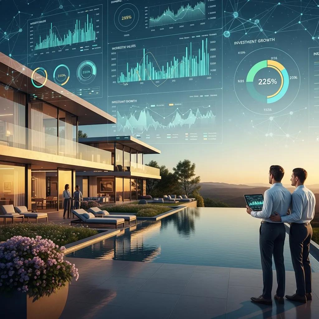 Luxury real estate market insights with data visualizations, two men analyzing investment growth by a modern villa with a pool and scenic backdrop.
