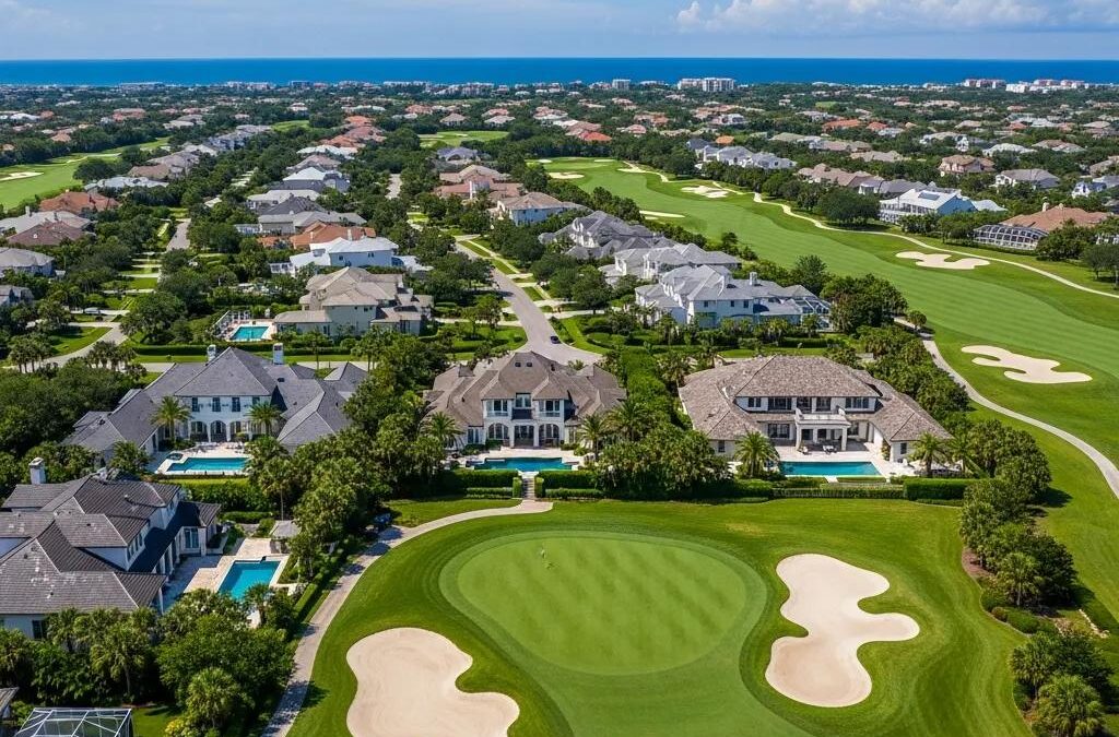 Aerial view of luxury homes and golf courses at Atlantic Beach Country Club, showcasing upscale residences and lush green landscapes near the coastline.