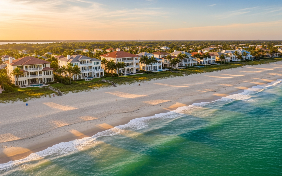 Luxury beachfront homes in Atlantic Beach, Florida, with palm trees and sandy shoreline at sunset, highlighting desirable coastal living.