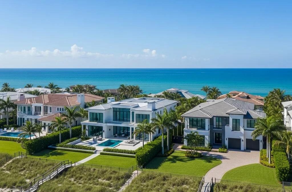 Luxury coastal homes in Tiffany by the Sea, Florida, featuring modern architecture, expansive ocean views, and lush landscaping.
