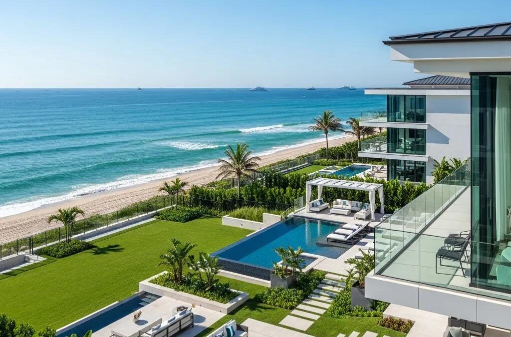 Luxury waterfront property in Atlantic Beach, featuring ocean views, lush landscaping, a swimming pool, and modern architecture.