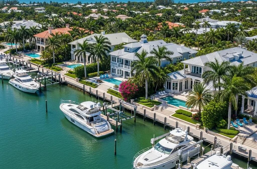 Luxury waterfront homes in Tiffany by the Sea, Florida, featuring private docks, yachts, and lush landscaping.