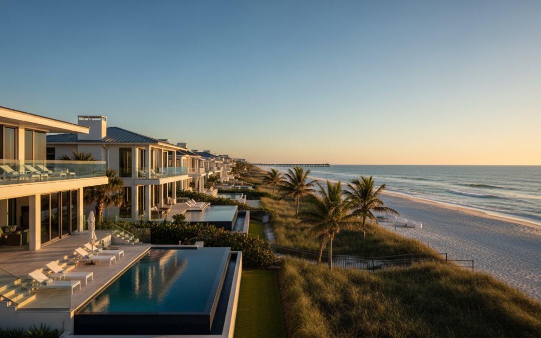 Luxury beachfront homes in Atlantic Beach, Florida, showcasing pools and palm trees, with a serene ocean view at sunset, reflecting the coastal lifestyle highlighted in the 2026 real estate market report.