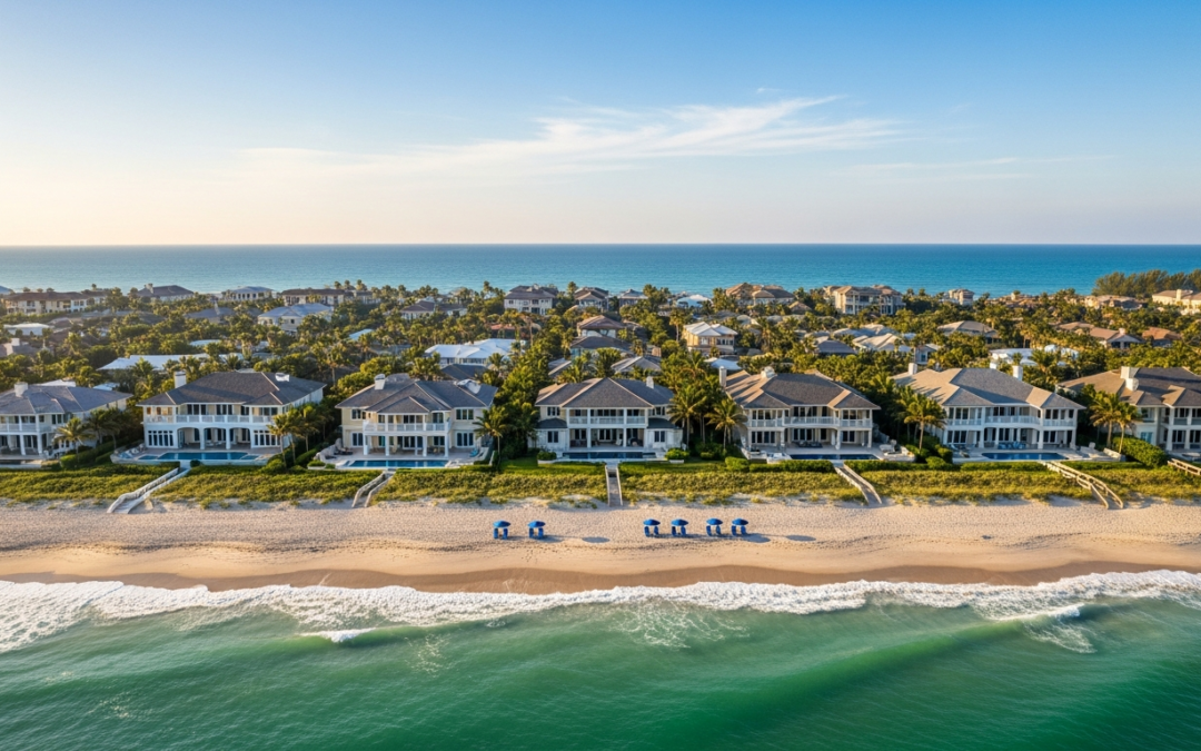 Aerial view of Atlantic Beach oceanfront homes with sandy beach, green ocean waves, and blue umbrellas, highlighting the low-density residential character of Northeast Florida's coastline.
