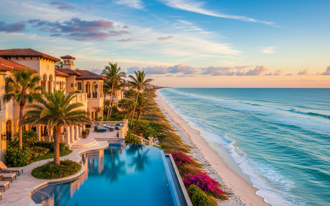 Luxury oceanfront estate in Ponte Vedra Beach with infinity pool, palm trees, and vibrant landscaping, overlooking pristine sandy beach and Atlantic Ocean at sunset.
