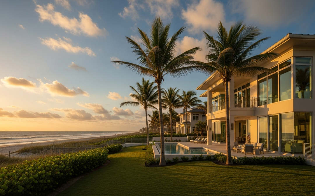 Coastal luxury home with large windows, palm trees, and ocean view at sunset in Atlantic Beach, Florida, highlighting the appeal of coastal properties for potential sellers.