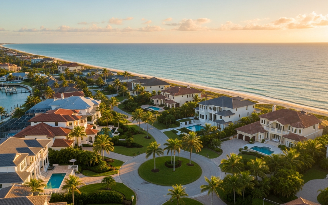 Luxury oceanfront homes in Atlantic Beach, Florida, with palm trees and pool areas, overlooking the Atlantic Ocean at sunset.